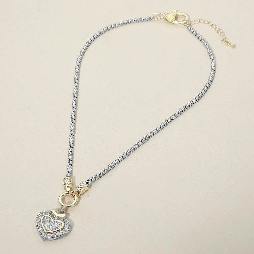 FASHNZFAB 14K Gold Plated Two Tone CZ Stone Paved Heart Pendant Necklace 2