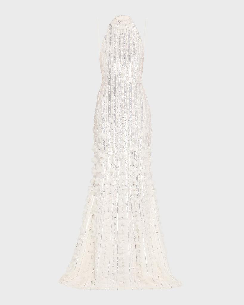 Pamella Roland Sequined Tulle Petal Halter Gown