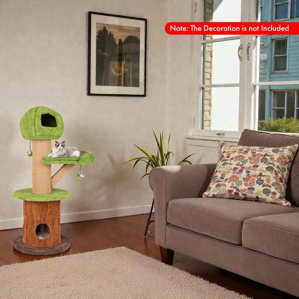 Hivvago Indoor Mushroom-Themed Cat Tower with Two Cozy Condos, Plush Perch, and Hanging Toys 2
