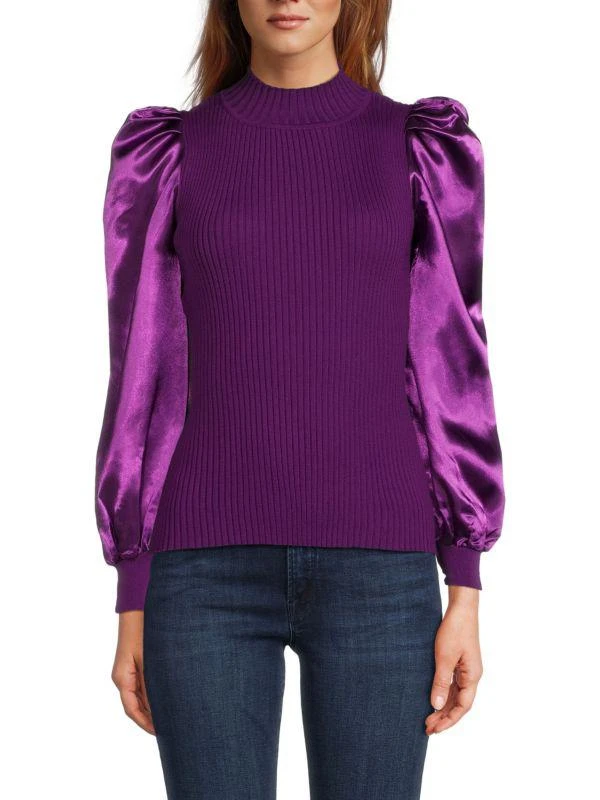 Lea & Viola Mixed Media Puff Sleeve Top 1