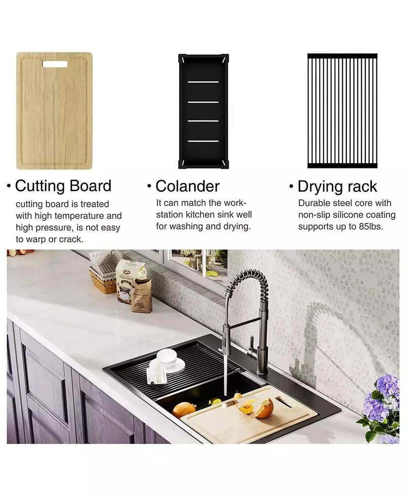 Flynama Gunmetal Kitchen Sink Topmount Workstation Stainless Steel Single Bowl 3