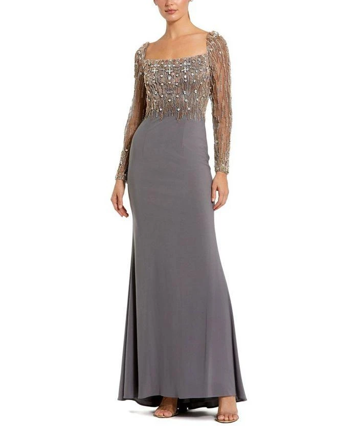 Mac Duggal Beaded Embellished Square Neck Long Sleeve Jersey Gown 1