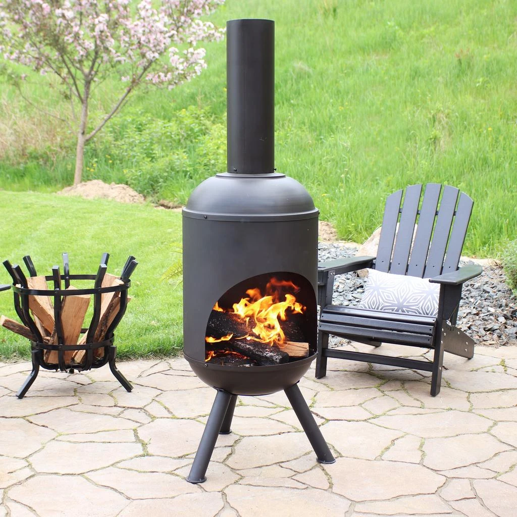 Sunnydaze Outdoor Backyard Patio Modern Steel Wood-Burning Fire Pit Chiminea with Wood Grate - 5' - Black 2
