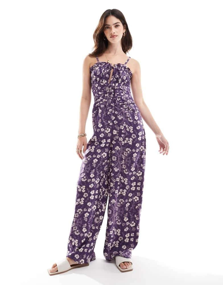 ASOS ASOS DESIGN frill bust ruched waist strappy spun jumpsuit in purple and white floral 4