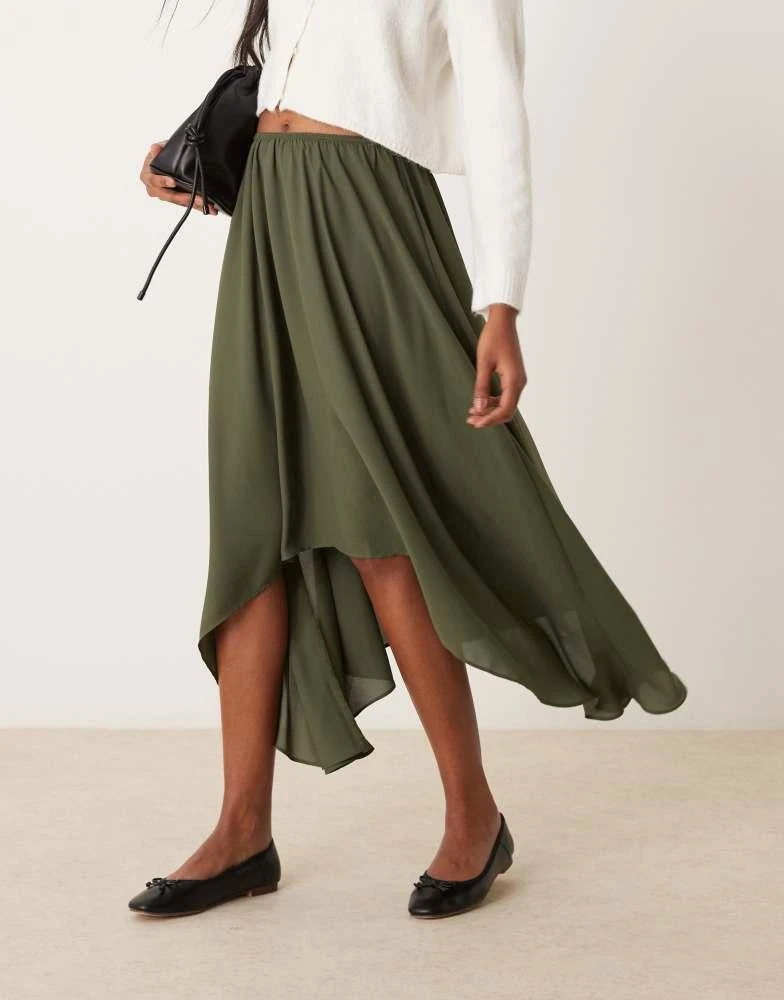 ASOS ASOS DESIGN floaty high low hem midi skirt in khaki 1