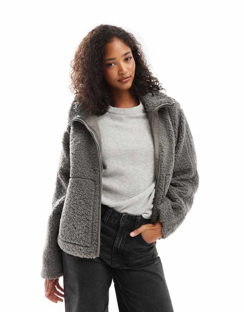 Threadbare Threadbare borg zip through jacket in grey 1