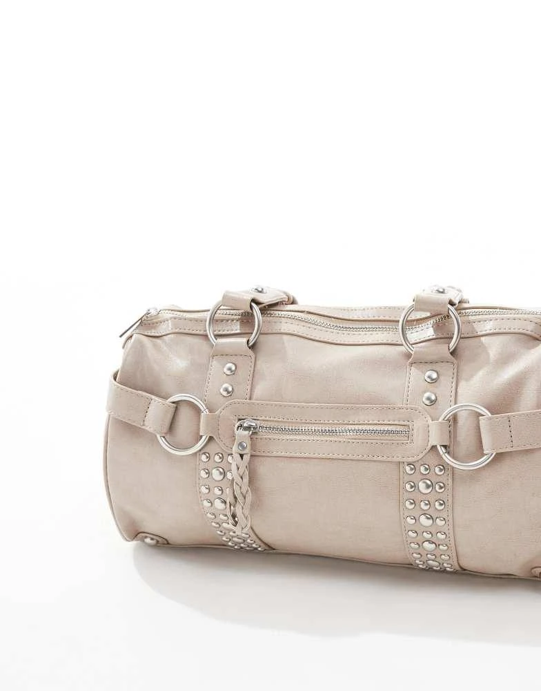 Bershka Bershka city bag with stud detail in beige 4