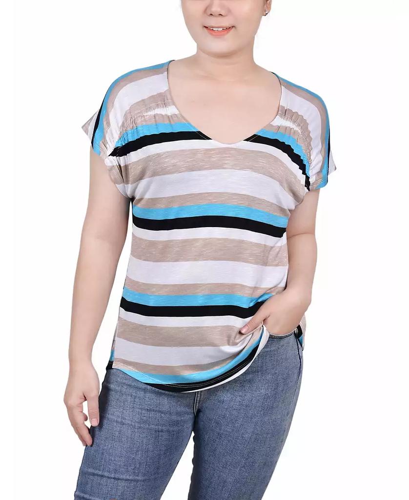 NY Collection Petite Short Sleeve Striped V-neck Top
