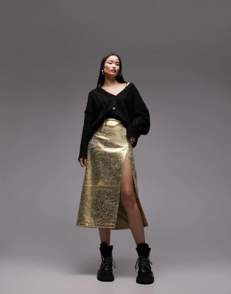 Topshop Topshop leather look split seam midi skirt in gold 1