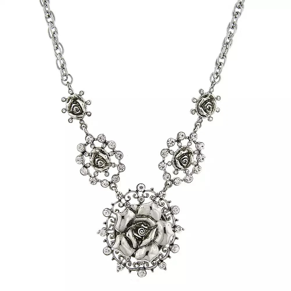 2028 Silver-Tone Crystal Multi Flower Drop Necklace 16" Adjustable 1