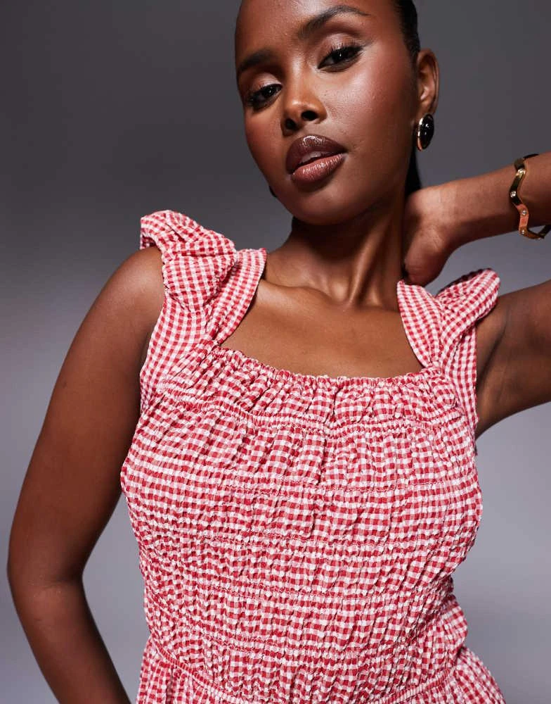 River Island River Island cap sleeve gingham shirred midi dress in red 4
