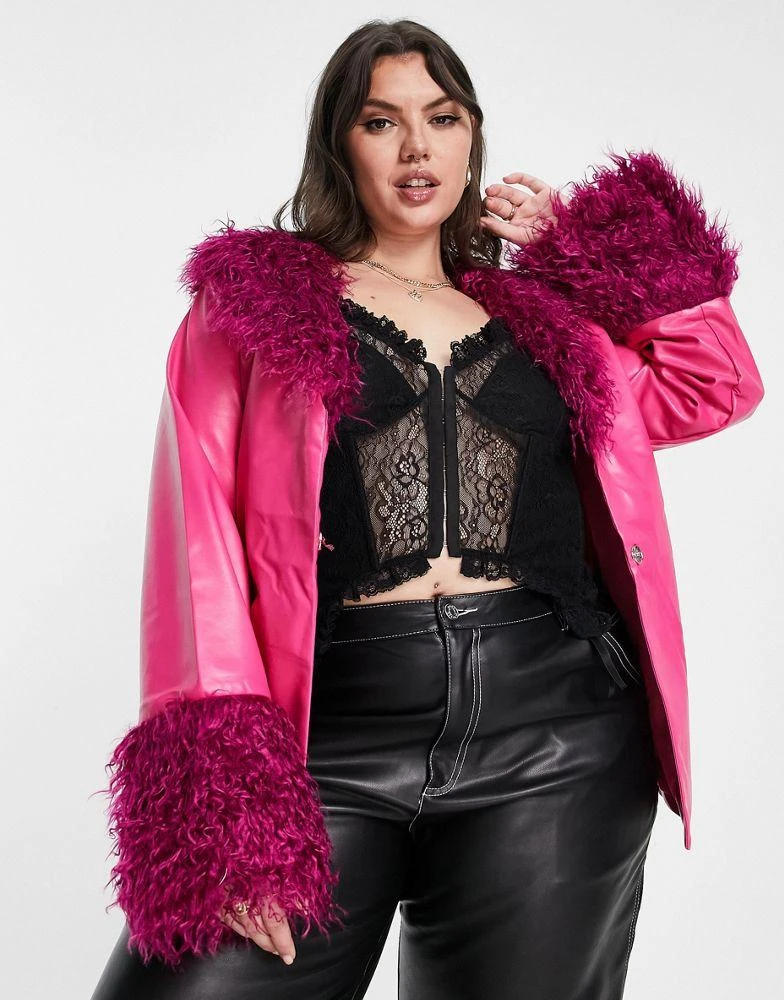 Daisy Street Plus Daisy Street Plus pink y2k PU coat with faux fur cuffs and collar 3