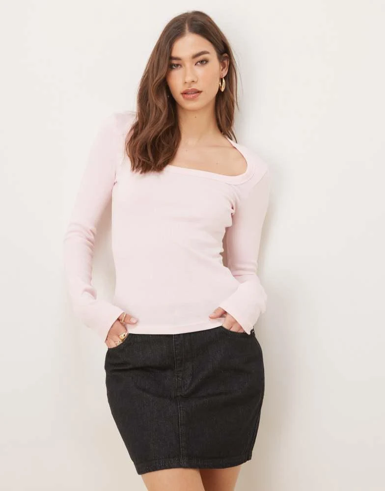GINA TRICOT Gina Tricot low neck long sleeve ribbed jersey top in pink 1