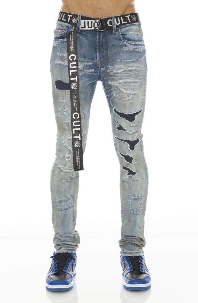 Cult of Individuality Punk Belted Rip & Repair Super Skinny Jeans