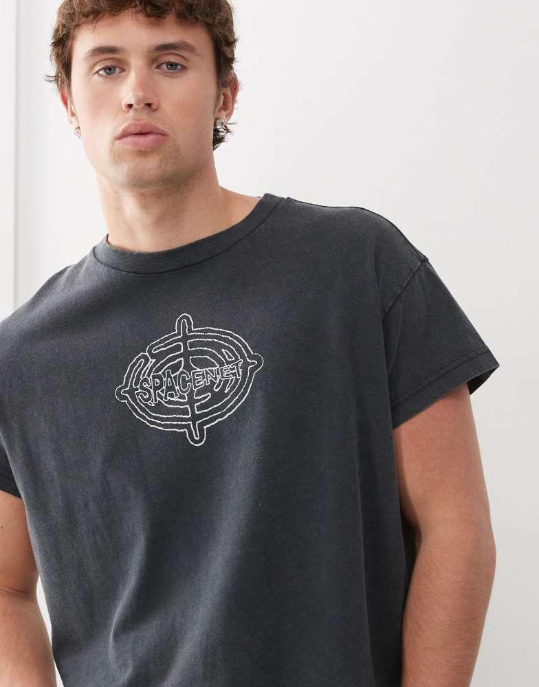 Weekday Weekday boxy fit t-shirt with cap sleeves and graphic print in washed black