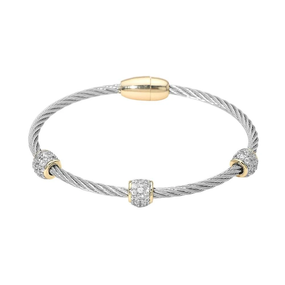 FASHNZFAB 14K Gold Plated Two Tone CZ Stone Paved Cluster Accent Twisted Magnetic Bangle Bracelet 2