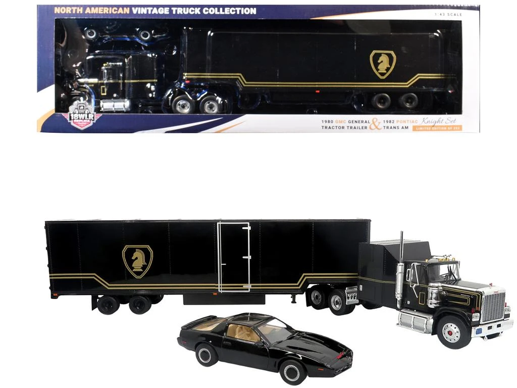 Iconic Replicas 1980 GMC General Truck with Box Trailer Black Gold Stripes
1982 Pontiac Firebird Trans Am Knight Set 1/43
