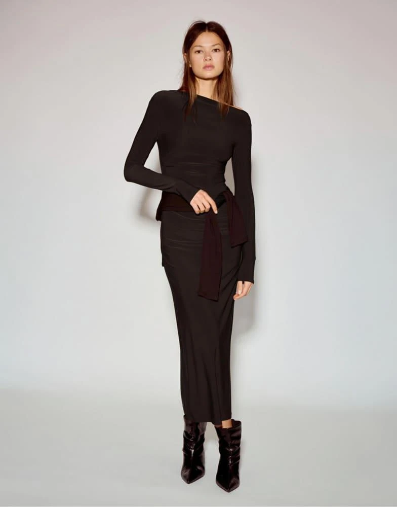knee length dresses for ladies Pink Draped Midi Dress with Long Sleeves – shopaleena main image 1