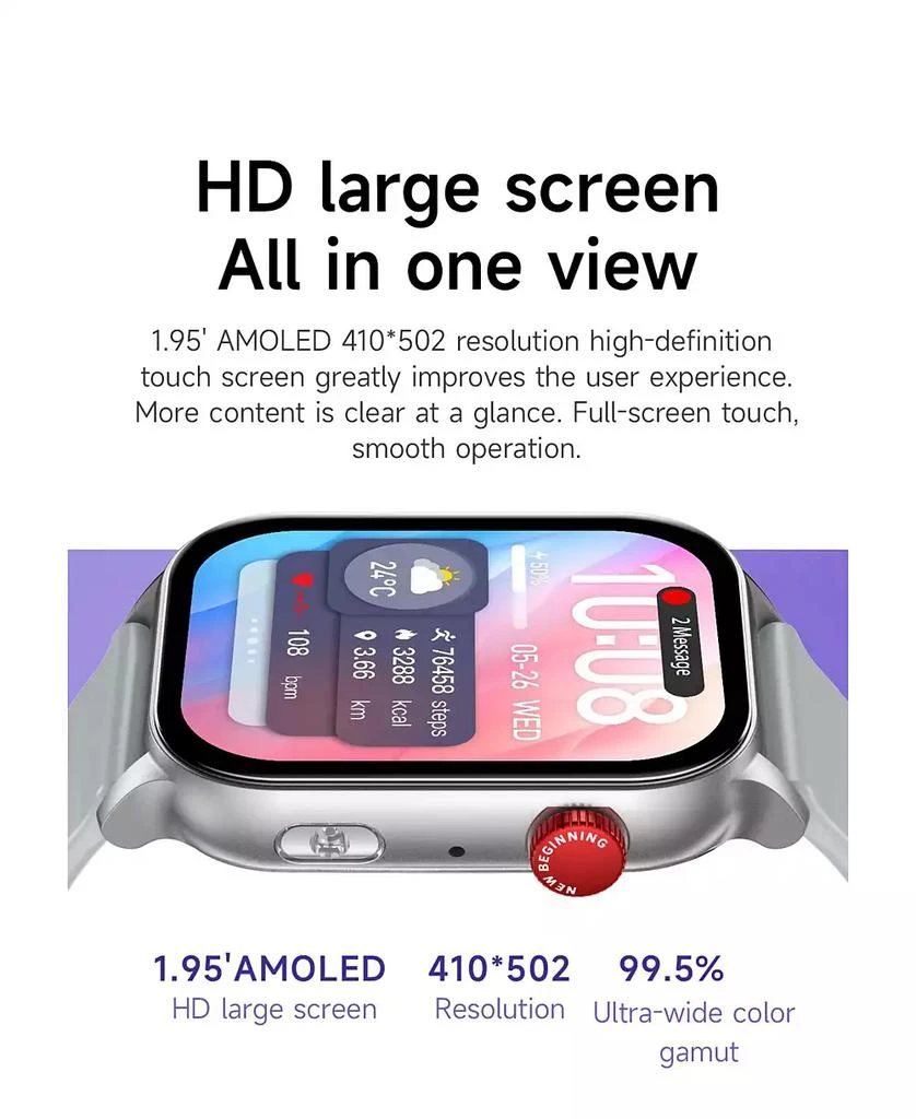 RUXING Smart 1.95" AMOLED Smart Watch for Women Men With Bluetooth Calling, Health Monitoring,Sport Modes, Intelligent Reminder IP67 -Silver 5