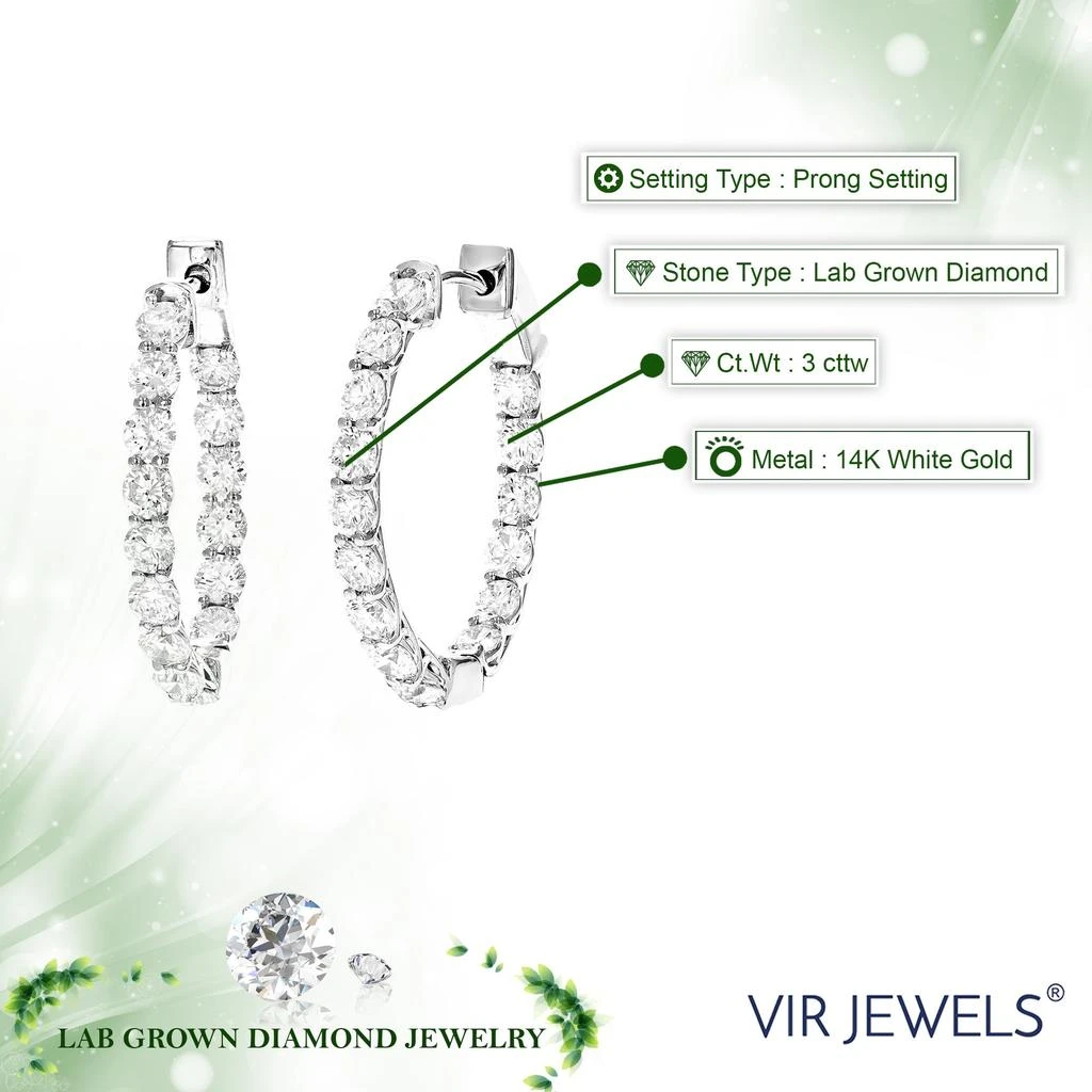 Vir Jewels 3 cttw Lab Grown Diamond Hoops Earrings in 14K Gold With Hidden Post For Women 4