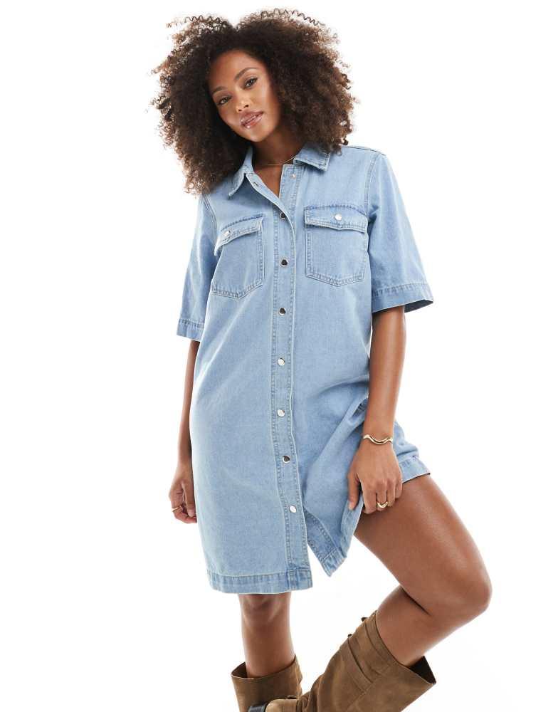 ONLY ONLY short sleeve denim dress in light wash blue