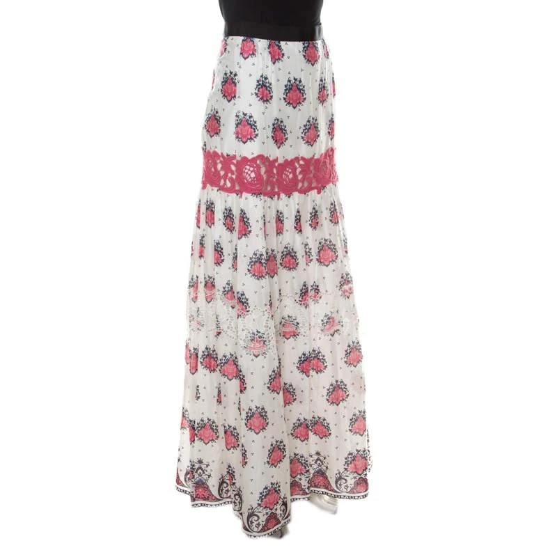 Philosophy di Alberta Ferretti Philosophy di Alberta Ferretti White & Pink Cotton Floral Print Lace Insert Maxi Skirt L 2