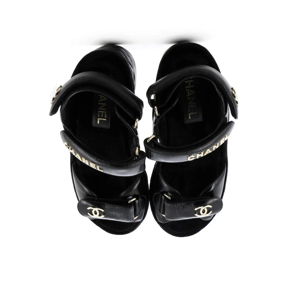Chanel Women's Logo Velcro Strap Wedge Sandals Quilted Leather 2