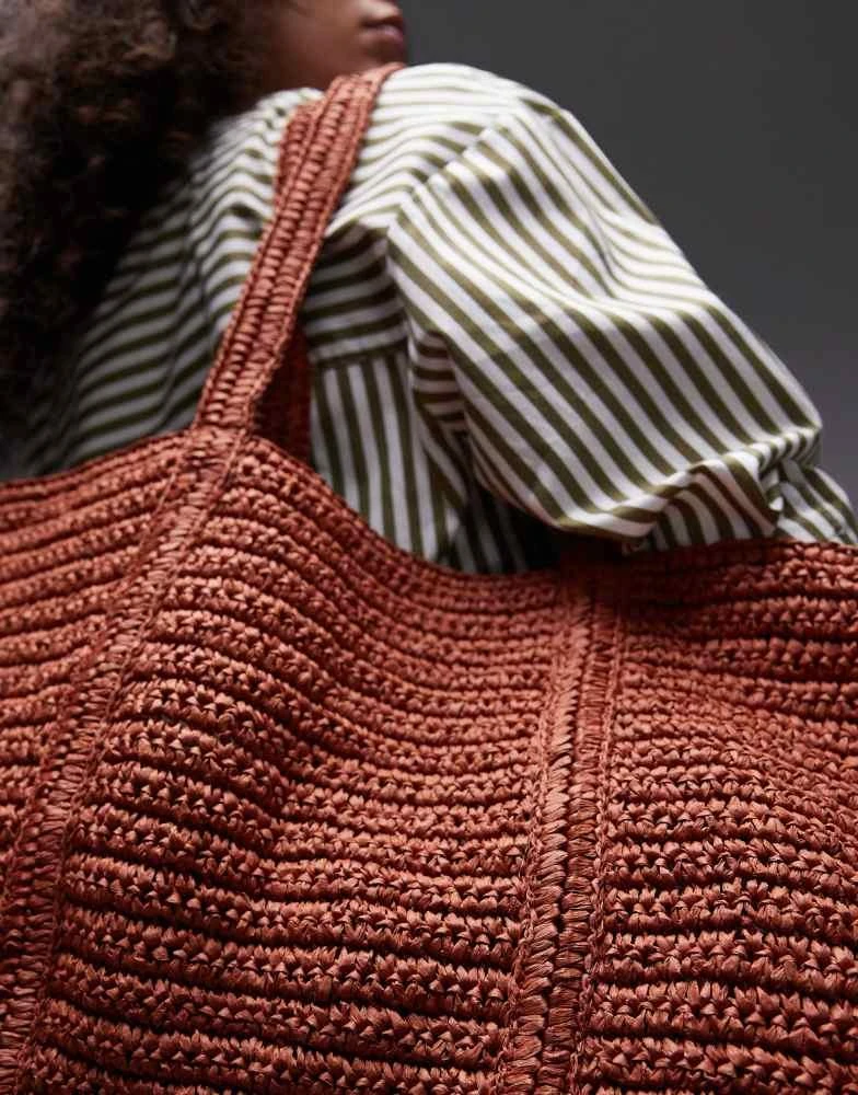 Mango Mango extra large raffia bag with zip thorugh lining in burnt orange 2