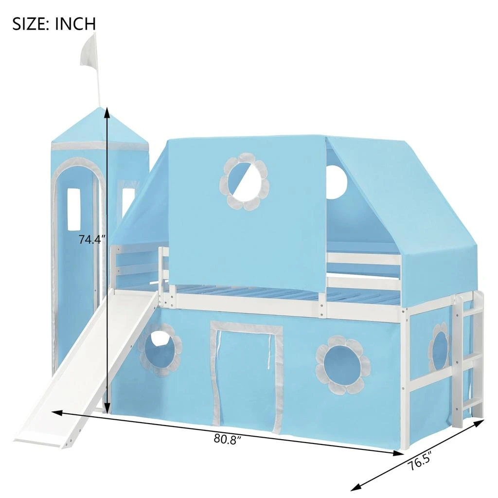 Streamdale Furniture Streamdale Twin Size Loft Bed with Slide Blue Tent and Tower - Blue 6