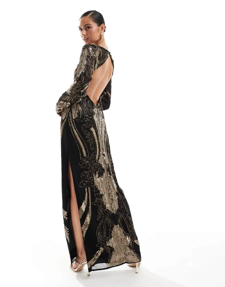Shop ASOS DESIGN embellished sheer long sleeve column maxi dress with open  back in black and gold on Sale at BeyondStyle  Get 16% Off ASOS DESIGN  embellished sheer long sleeve column