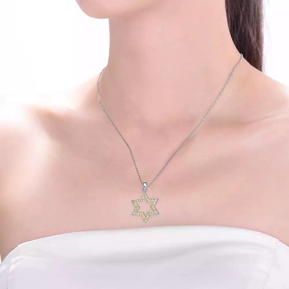 Genevive Sterling Silver White Gold Plated Yellow Cubic Zirconia Open Star Necklace 2