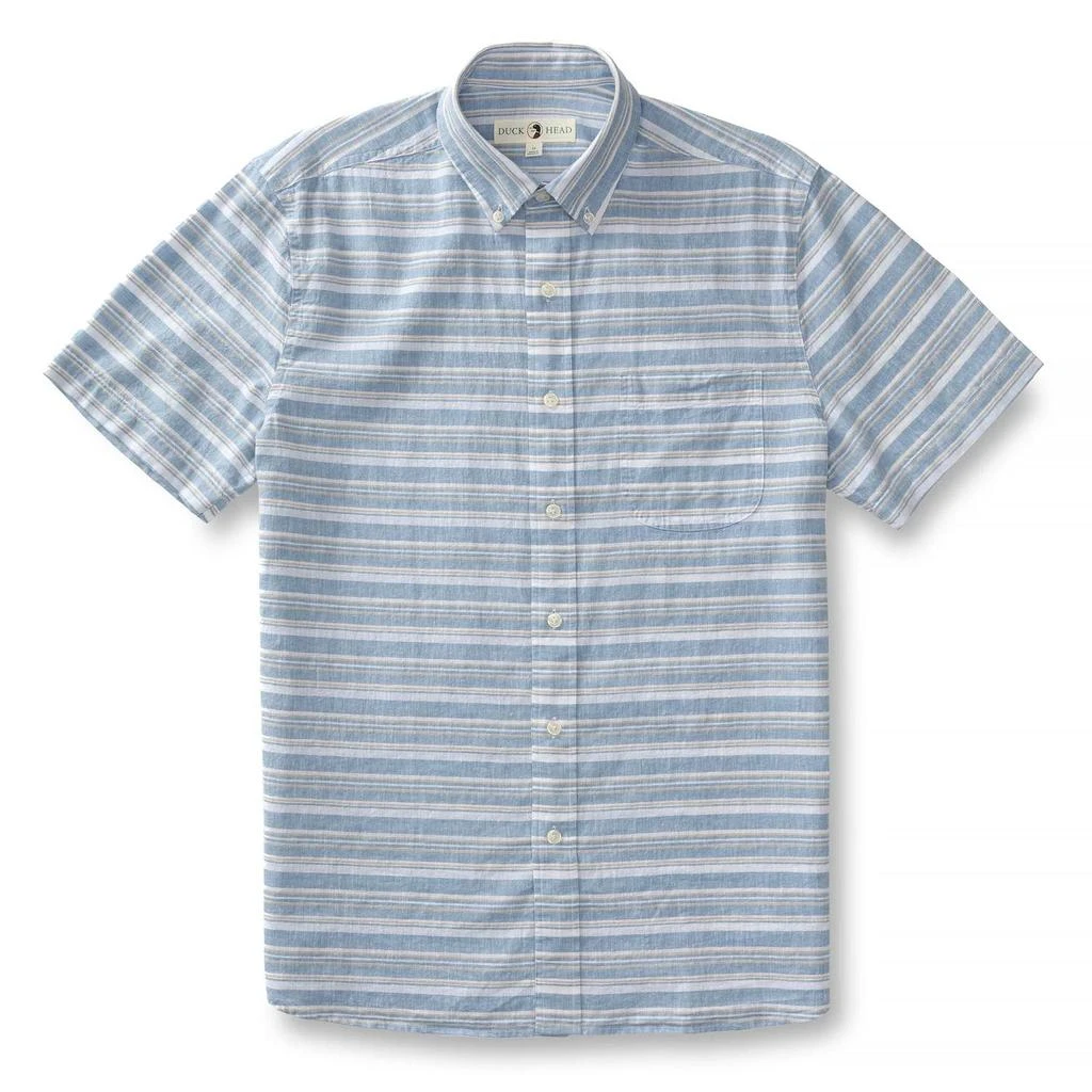 DUCK HEAD Striped Linen Cotton Shirt In Lure Blue 2