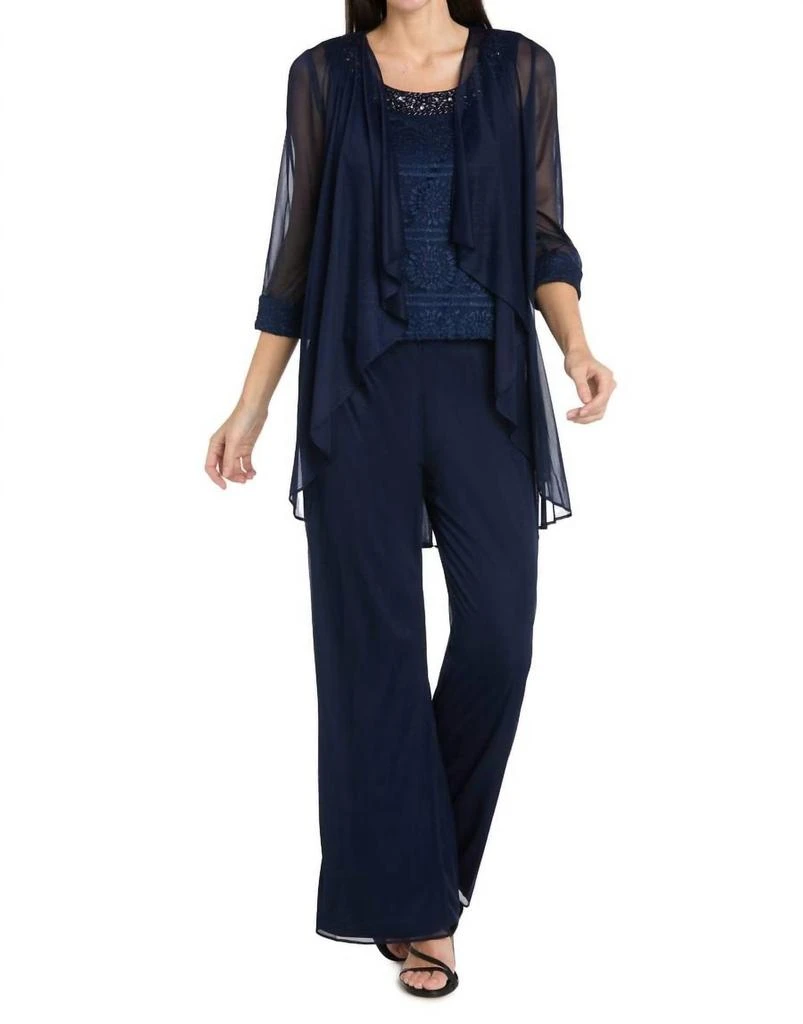R&M Richards Glitter Embroidered Pant Suit With Pearl Neckline In Navy