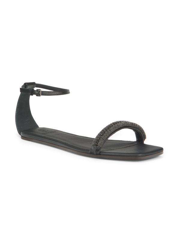 Brunello Cucinelli Beaded Ankle Loop Leather Flat Sandals