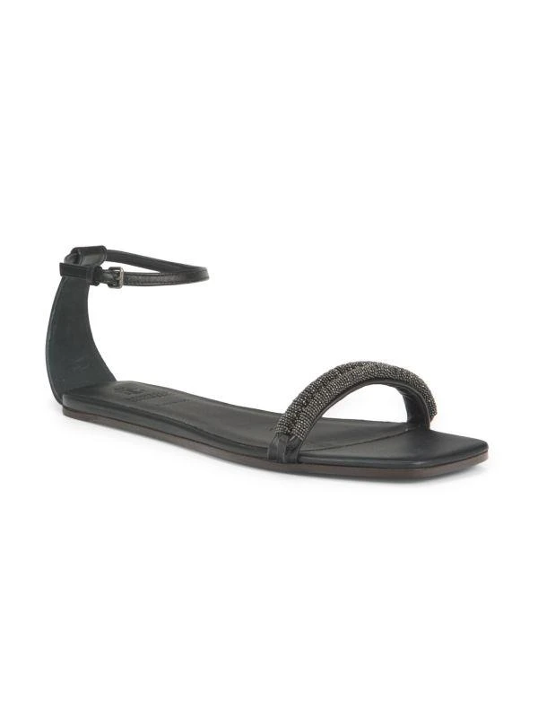 Brunello Cucinelli Beaded Ankle Loop Leather Flat Sandals 2