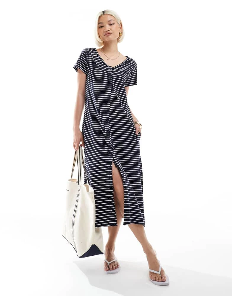 Superdry Short sleeve button through jersey midi dress in navy optic stripe   On Sale Now with Up to 31% Off | Discover Exclusive Deals & Savings at  BeyondStyle  Authentic Superdry