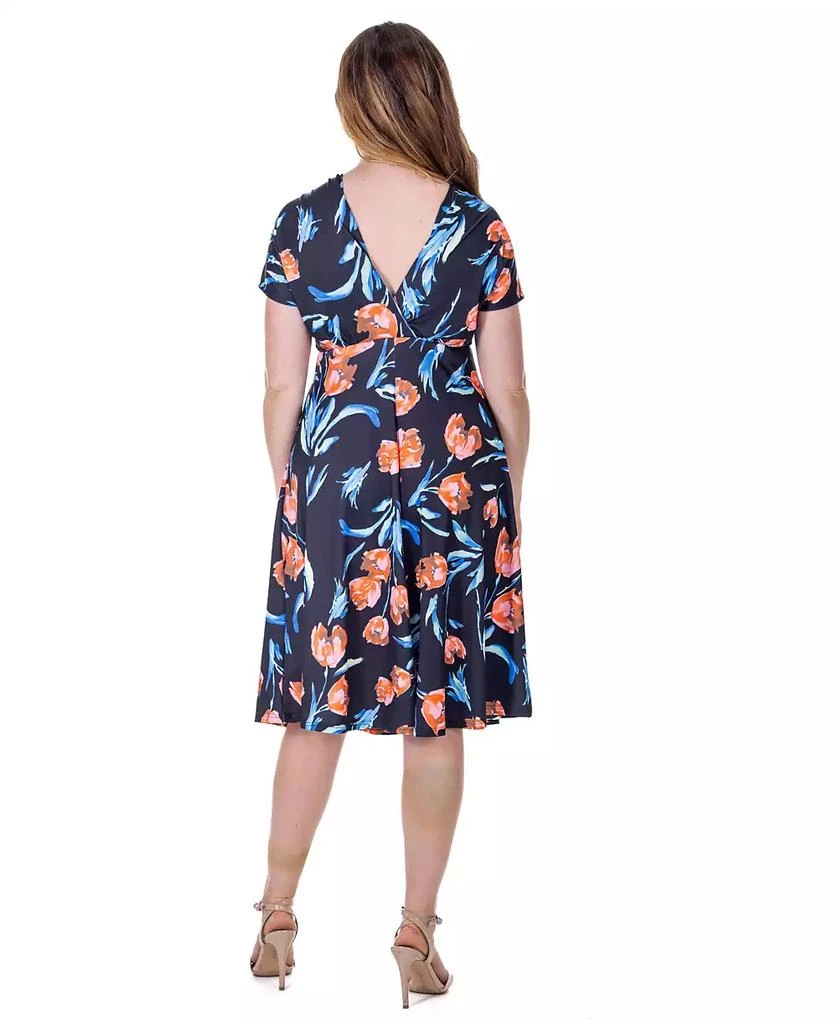 24seven Comfort Apparel Petite Tulip Print Empire Waist Kimono Cap Sleeve Knee Length Dress - Black Multi - Size PS 24seven Comfort Apparel Petite Tulip Print Empire Waist Kimono Cap Sleeve Knee Length Dress - Black Multi - Size PS