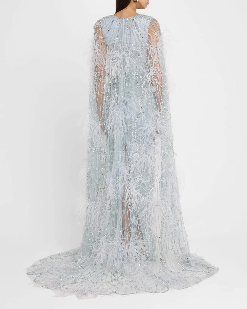 Pamella Roland Crystal Feather Embroidered Tulle Caped Gown 3