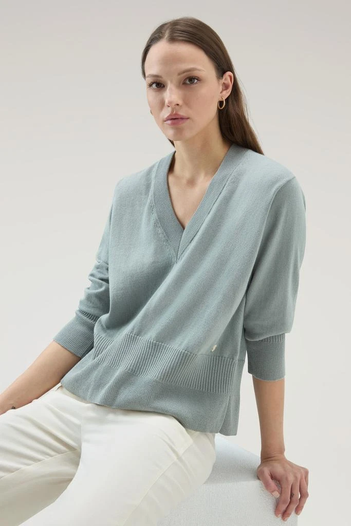 WOOLRICH V-Neck Sweater in Cotton and Cashmere - Women - Green 4