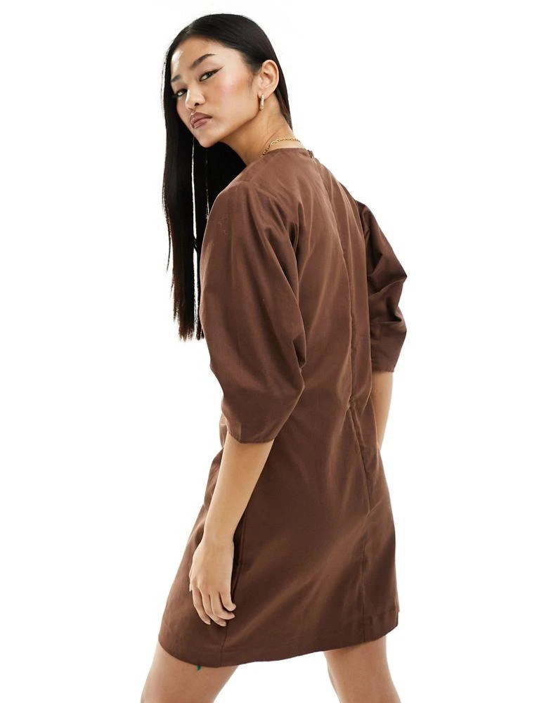 ASOS DESIGN ASOS DESIGN pleated banana sleeve twill mini dress in chocolate 3