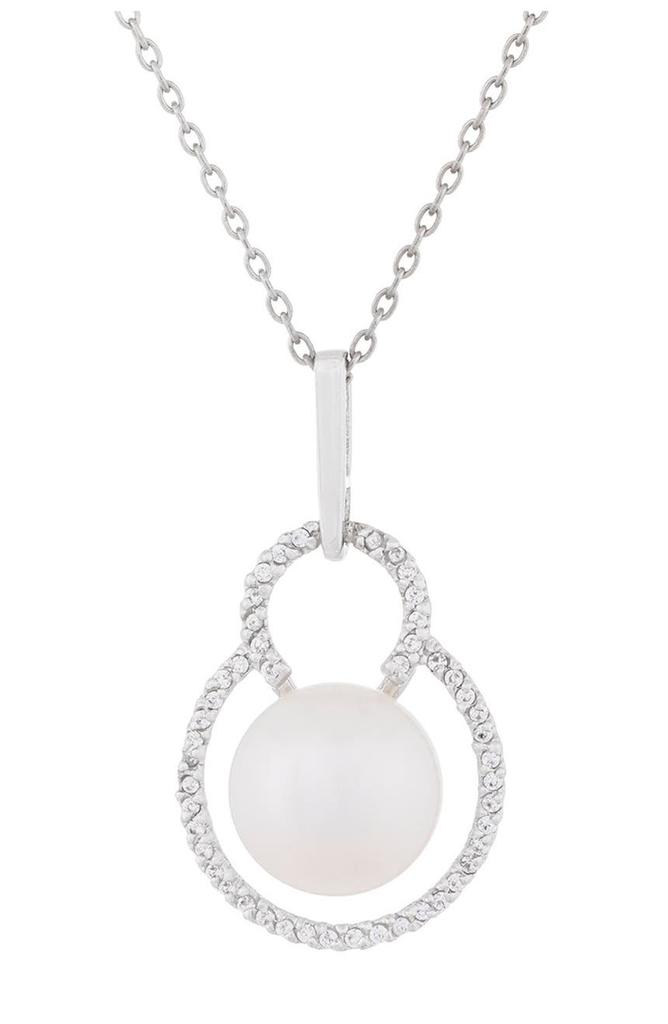 SPLENDID PEARLS CZ Trimmed 10.5-11mm White Freshwater Pearl Pendant Necklace