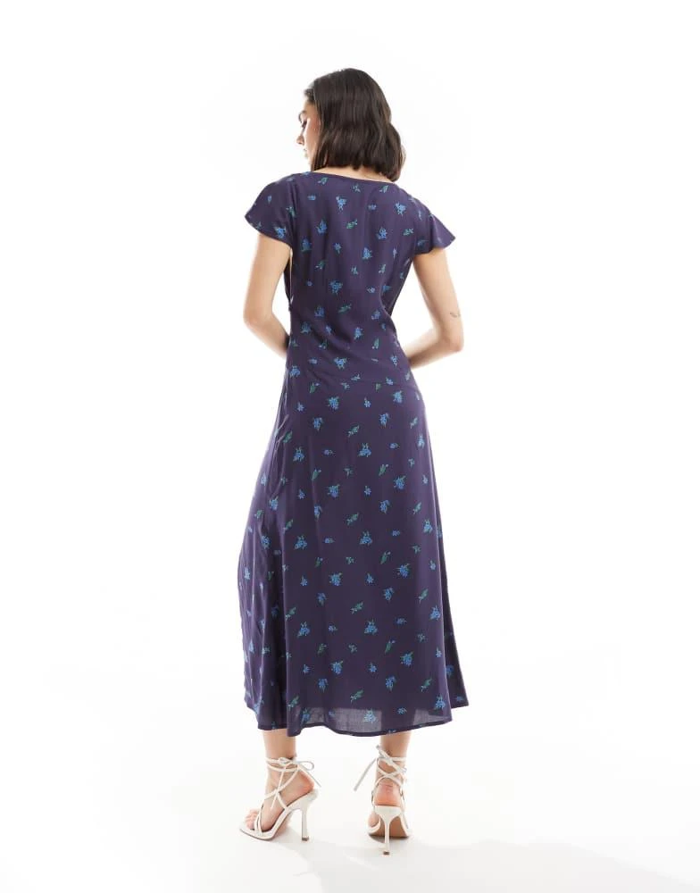 ASOS ASOS DESIGN v neck flutter sleeve midi tea dress in navy ditsy floral print 4