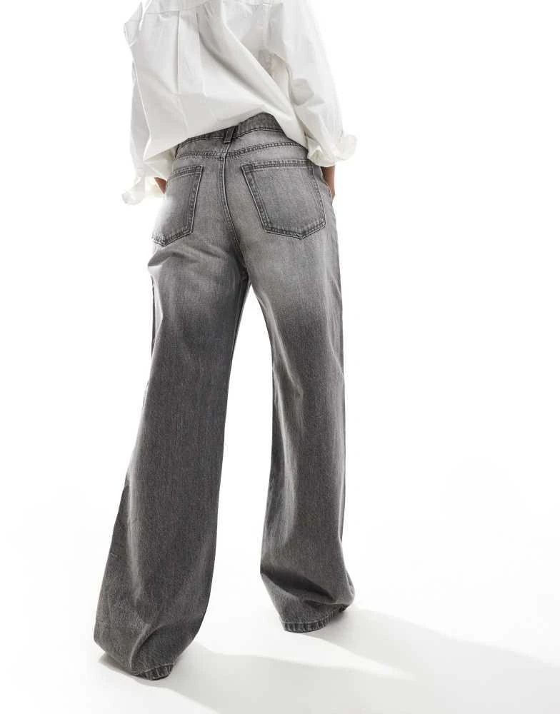 Bershka Bershka high waisted baggy wide leg jeans in dark wash grey 2