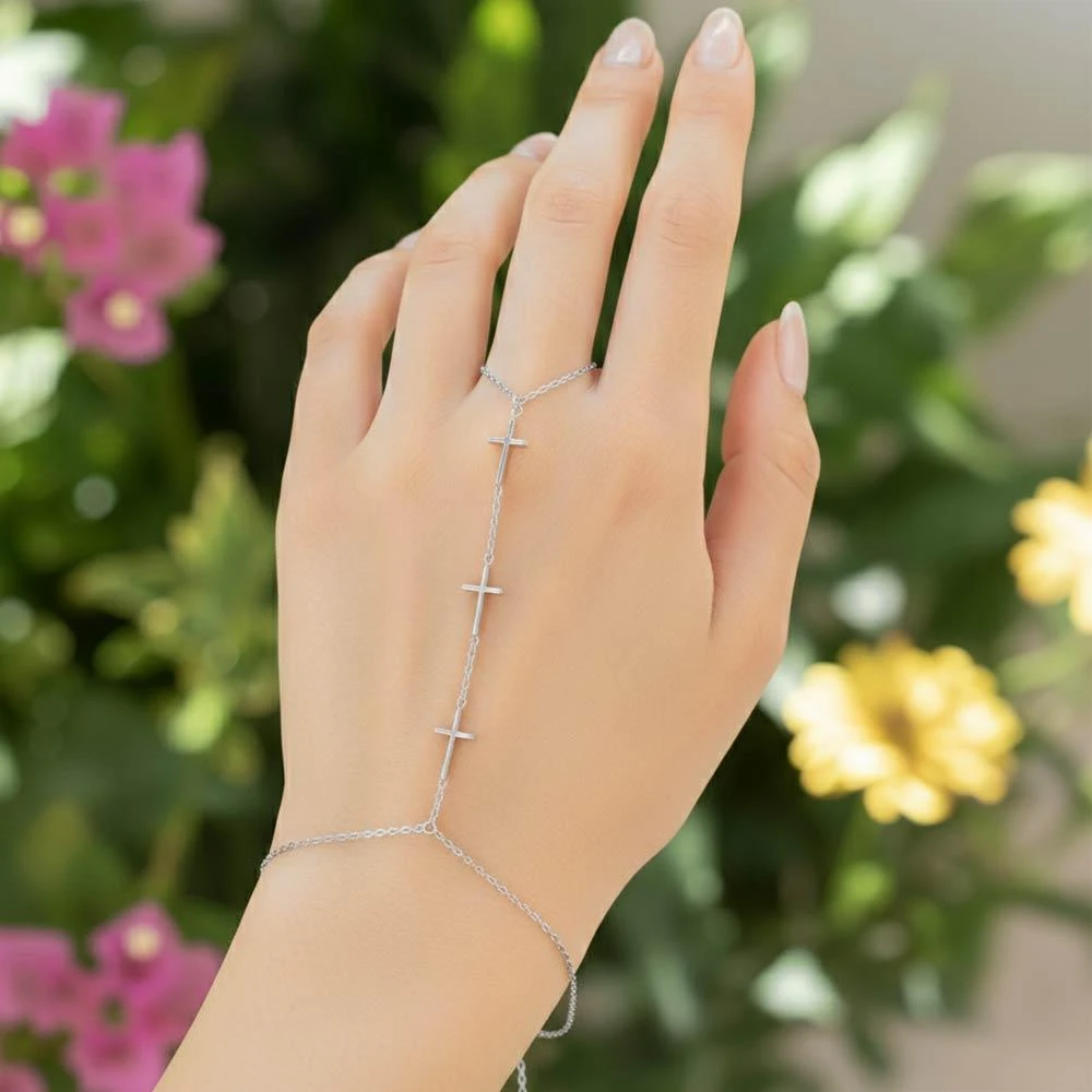 FASHNZFAB White Gold Dipped Delicate Cross Charm Link Hand Chain Magnetic Bracelet