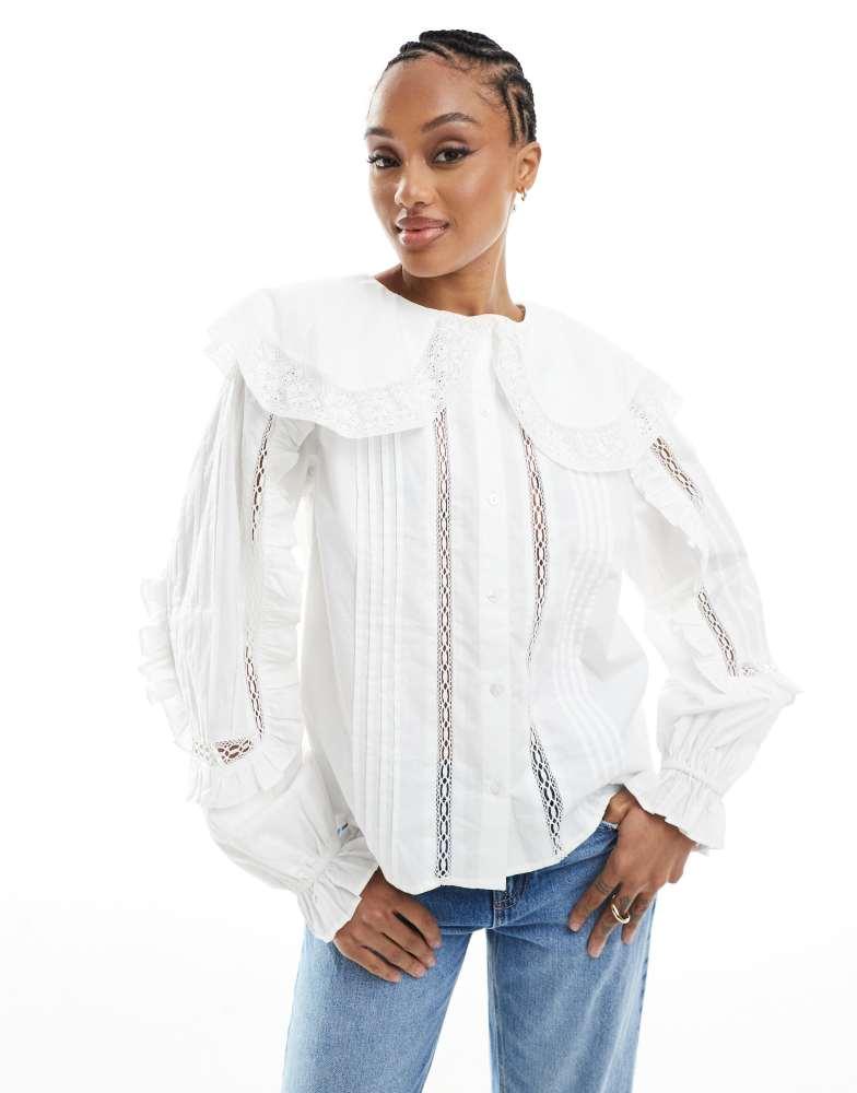ASOS ASOS DESIGN tall  lace and broderie insert shirt with large collar in ivory