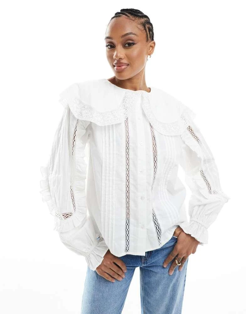ASOS ASOS DESIGN tall  lace and broderie insert shirt with large collar in ivory 1