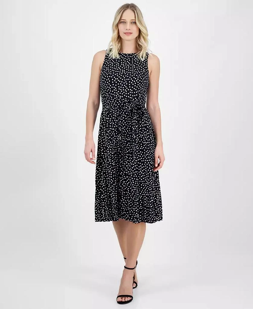 Anne Klein Women's Dot-Print Tie-Front Pleated Sleeveless Midi Dress 1
