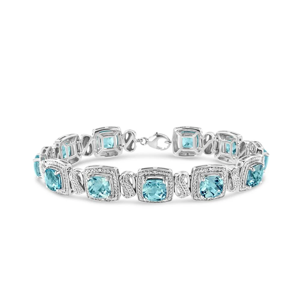 Haus of Brilliance .925 Sterling Silver 7x7 mm Cushion Cut Blue Topaz and 1/10 Ctw Single Cut Diamond Square Shape Tennis Bracelet