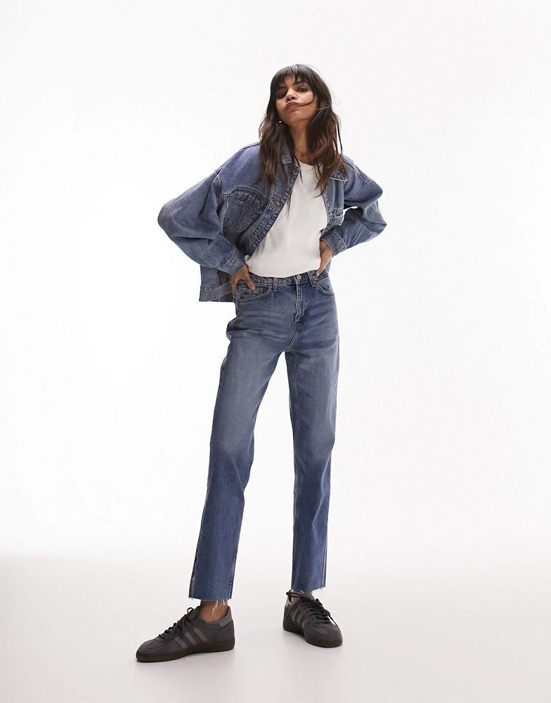 Topshop Topshop cropped mid rise with raw hems straight jean in mid blue 2