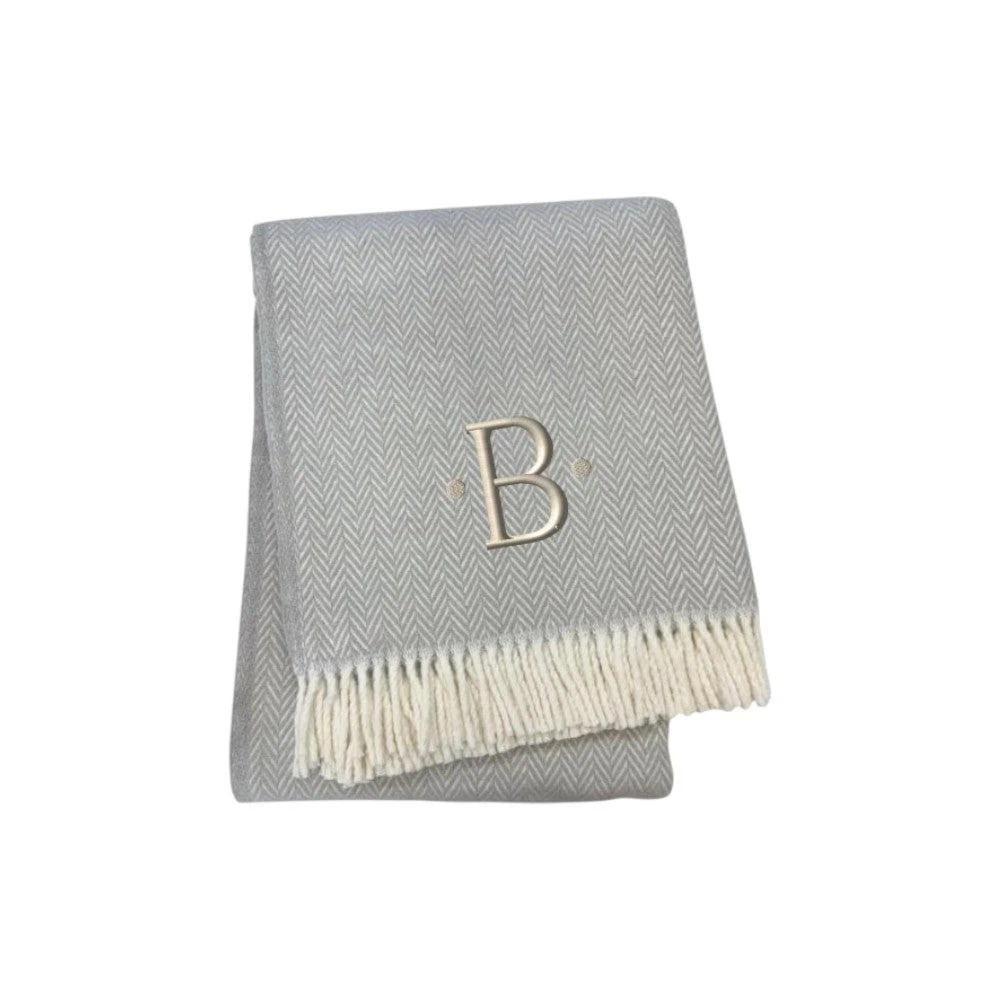 Hivvago 55" X 70" Gray And White Herringbone Cotton Blend B Initial Throw Blanket with Tassels And Embroidery